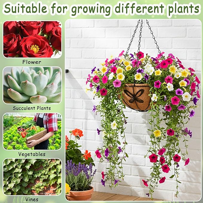 4pcs 14 inch Metal Hanging Baskets Round Wire Plant Stand with Coco Lining Cushion Decorative Planter Hanger Garden Indoor Outdoor Watering Hanging Basket (HD)