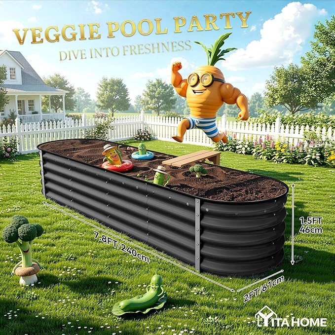 YITAHOME 8x2x1.5ft Raised Garden Bed Kit, 17" Tall 9 in 1 Large Galvanized Metal Planter Box with Gloves & Safety Rubber, Outdoor Flower Bed for Plants Vegetables Flowers, Black