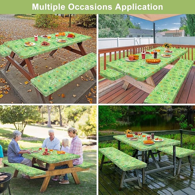 Play Tailor Picnic Table Cover with Bench Covers Camping Essentials Waterproof Windproof Camping Tablecloth with Drawstring Bag, Fitted Rectangle Tables and Seats, 72in, Grass Green