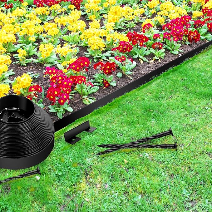 Landscape Edging Border - 1.5”x100’ Garden Edging Border with 130 Stakes, No Dig Lawn Edging for Landscaping for Garden Bed, Thickened Top Edge Flexible Flower Bed Border Edging for Outdoor