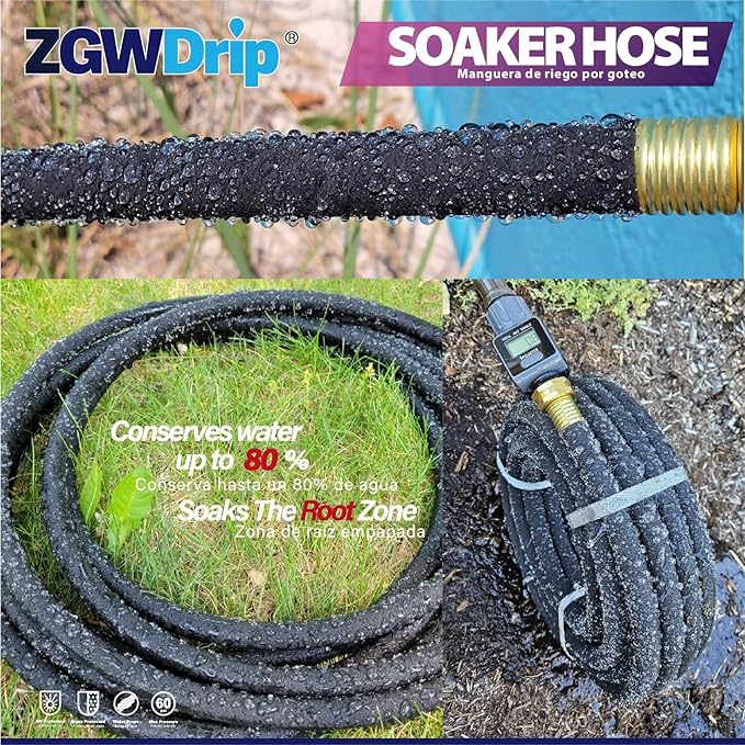 100FT 5/8" Water-Saving Soaker Hose with Solid Brass Connectors, High-Flow Drip Irrigation for Lawn & Landscaping with Metal Staples