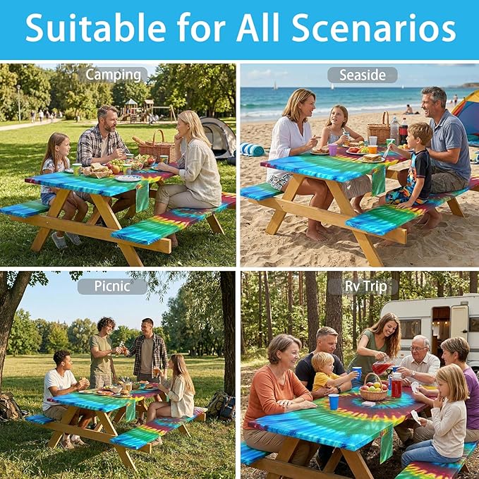 Fitted Waterproof Picnic Table Cover with Bench Covers Elastic 96×30In 3 Piece Camping Table Cloth for 8Ft Rectangle Tables Outdoor Camper Gifts Supplies Patio Rv Traveling Hiking Must Haves