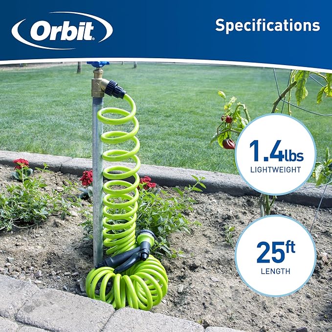 Orbit 26380 Coil Garden Hose, 25 Feet, with 8-Pattern Hose Nozzle (Green) (Pack of 3)