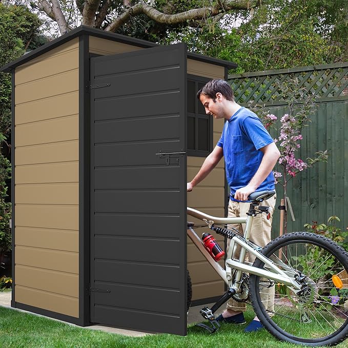 DWVO 5x3 FT Outdoor Storage Shed with Floor, All-Weather Resin Storage Shed with Lockable Door & Window, Waterproof Plastic Tool Storage for Garden, Backyard, Patio, Lawn, Brown