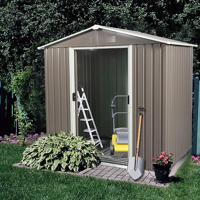 YOPTO 6 x 5 Feet Outdoor Metal Storage Shed, Utility Tool Storage House with Air Vent, Latch Double Doors & Floor Base, Weatherproof Garden Sheds, for Backyard Patio Lawn, Gray