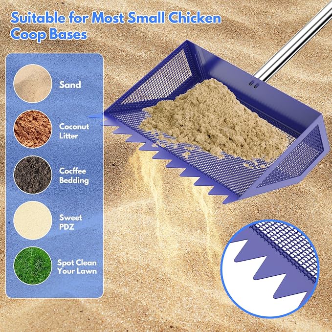 Chicken Poop Scooper Rake 2-in-1,304 Stainless Steel Shovel Head, Chicken Litter Scoop with Handle for Chicken Coop for Sand, Pet Waste Cleaning, Litter Sifting Shovel (35 to 65")