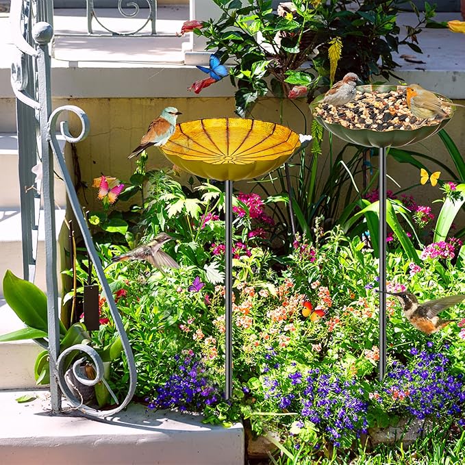 2PCS Metal Flower Bird Bath for Outside, Small Hummingbird Bath Bowl Detachable Birdfeeder Bowl Garden Decor for Outdoor Yard Lawn (2PCS-Yellow-Green)