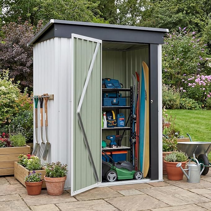 Greesum 5x3FT Outdoor Storage Shed with Base, Utility Tool Shed with Sloping Roof, Metal Storaged Garden Shed with Door & Lock for Patio Storage, White