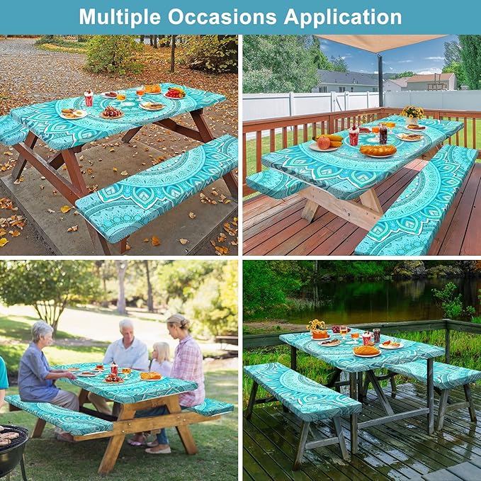 Play Tailor Picnic Table Cover with Bench Covers Camping Essentials Waterproof Windproof Camping Tablecloth with Drawstring Bag, Fitted Rectangle Tables and Seats, 72in, Ice Blue