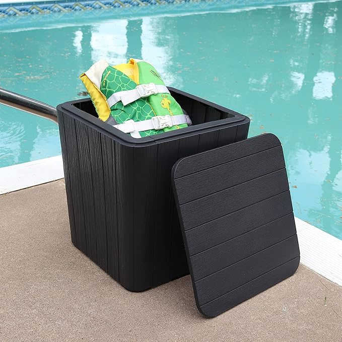 Sunnydaze 11.5-Gallon Outdoor Deck Box - Weather-Resistant Side Table with Storage for Cushions, Garden Tools, Pool Supplies - Phantom Gray - Faux Plank
