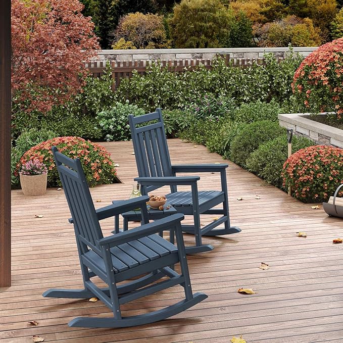 GarveeLife Poly Lumber Rocking Chair Outdoor Set of 2 - HDPE High Back Porch Rocker Chairs for Adults - All Weather Resistant Furniture for Patio - Navy Blue