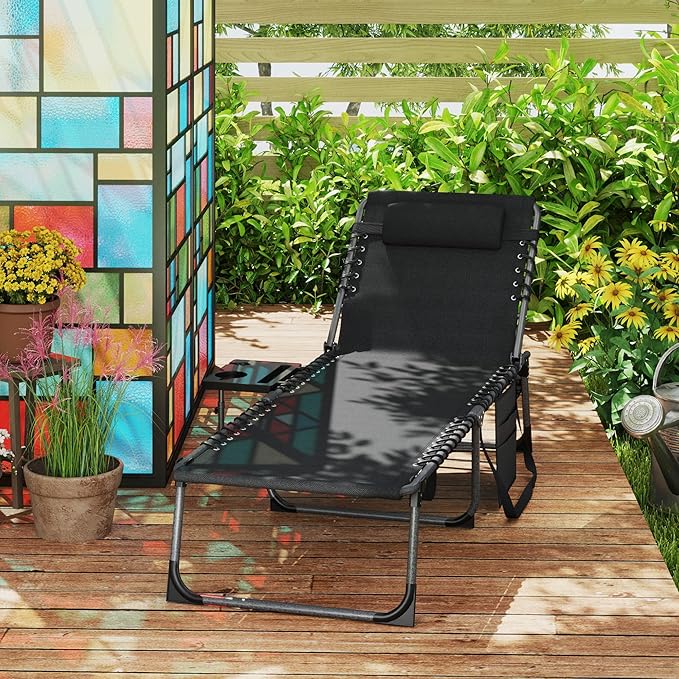 Outsunny Folding Chaise Lounge Chair Outdoor Tanning Chair with Side Table, 5-Level Adjustable Beach Lounge Chair with Headrest, Side Pocket for Patio, Backyard, Beach, Poolside, Black