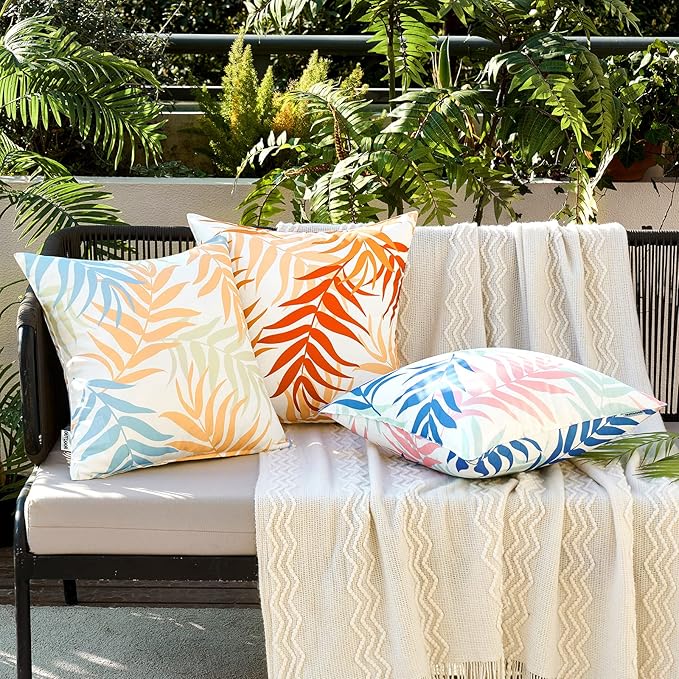 MIULEE Pack of 2 Decorative Outdoor Waterproof Throw Pillow Covers Patio Pillow Cases Natural Leaves Pattern Spring Square Cushion Shams Shell for Garden Balcony Couch 16x16 Inch, Orange