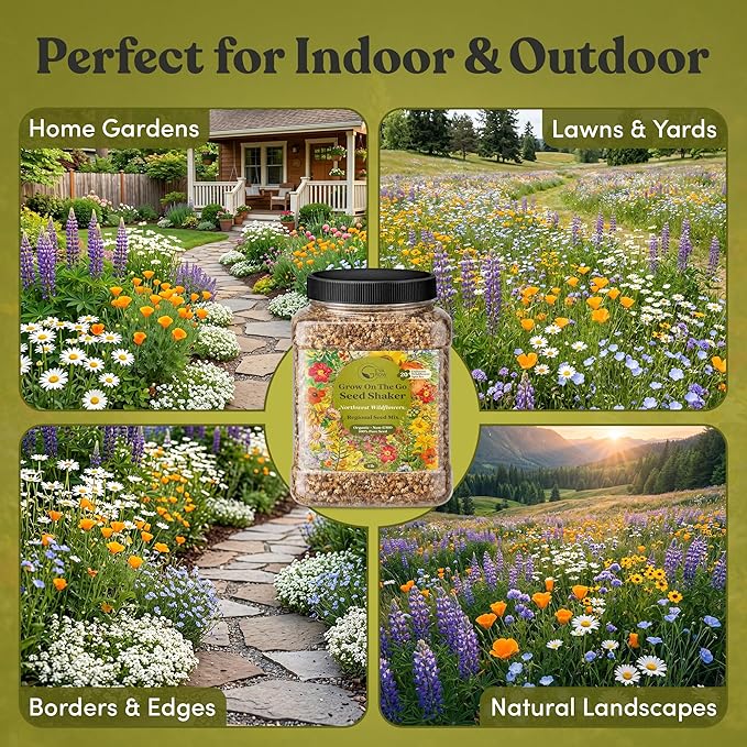 Geva Grow Northwest Wildflower Seeds Regional Mix - Organic, Non-GMO - 100% Pure Seed - 20 Different Wildflowers Seeds of Annual and Perennial, 1 LB Tub
