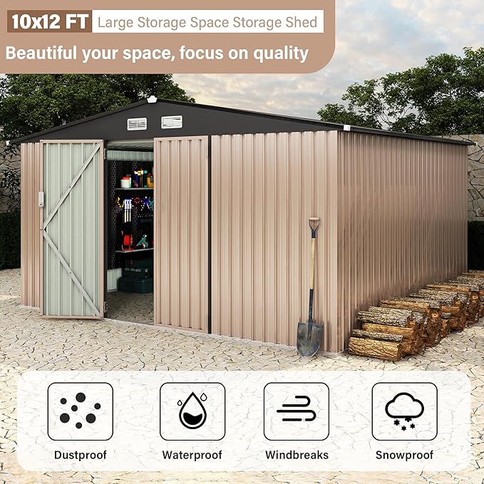 12X10 ft Outdoor Metal Storage Building, Storage Shed with Secure Lockable Door & Air Ventilation System, Premium Metal Tool Shed for Garden, Backyard, Patio, Ideal for Lawn Equipment & Tools