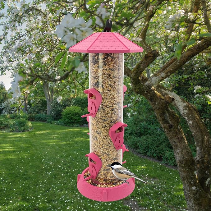 North States Village Collection - 2-in-1 Hinged-Port Birdfeeder Fiesta Pink: Hanging Bird Feeder for Outdoors, Holds 1.75 Pounds of Seed