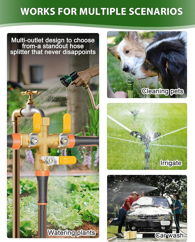 Garden Hose Splitter, 3 Way Heavy Duty Brass hose splitter, Water Hose Bib Spigot Splitter with 0.59" Full Flow Ball Valve Outlet & Shut-Off Valve 3/4'' Connector Outdoor Water Faucet Adapter (Yellow)