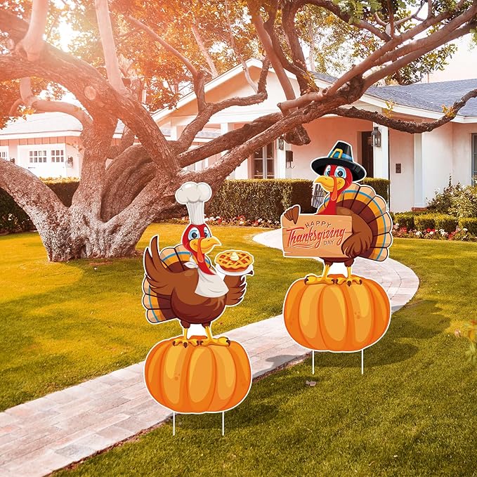 Large Thanksgiving Yard Signs 2pc with Stakes Happy Thanksgiving Decorations Outdoor Turkey Pumpkins Harvest Garden Wall Porch Signs Seasonal Holiday Party Supplies Lawn Yard Decorations