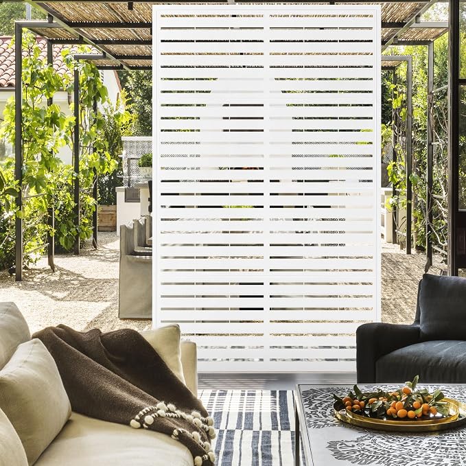 PROLEE Metal Privacy Screen with Stand 72" x 44", Privacy Panels Outdoor, Decorative Fence Screen for Patio Screen Freestanding, Outdoor Privacy Panels for Deck, Porch and Balcony, White