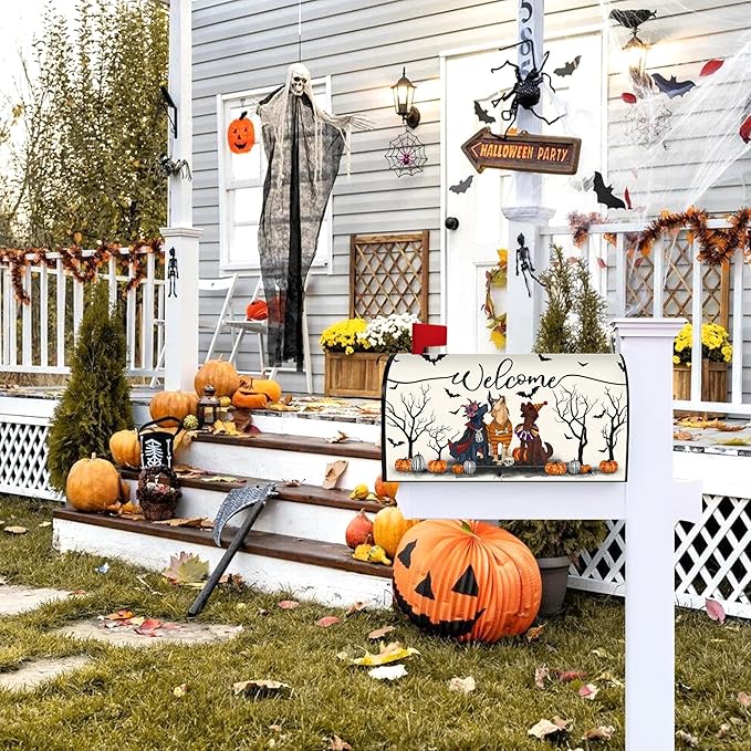 Halloween Dog Mailbox Cover Magnetic Spooky Dog Mailbox Covers Halloween Post Letter Box Cover for Garden Yard Decor 25.5x21 Inch
