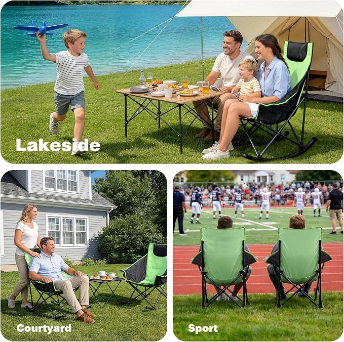 SUNNYFEEL Oversized Rocking Camping Chair, Fully Padded Patio Chair with Side Pocket, High Back Portable Lawn Recliner with Headrest, Outdoor Camp Rocker Chairs for Adults Heavy Duty 500 LBS Carry Bag