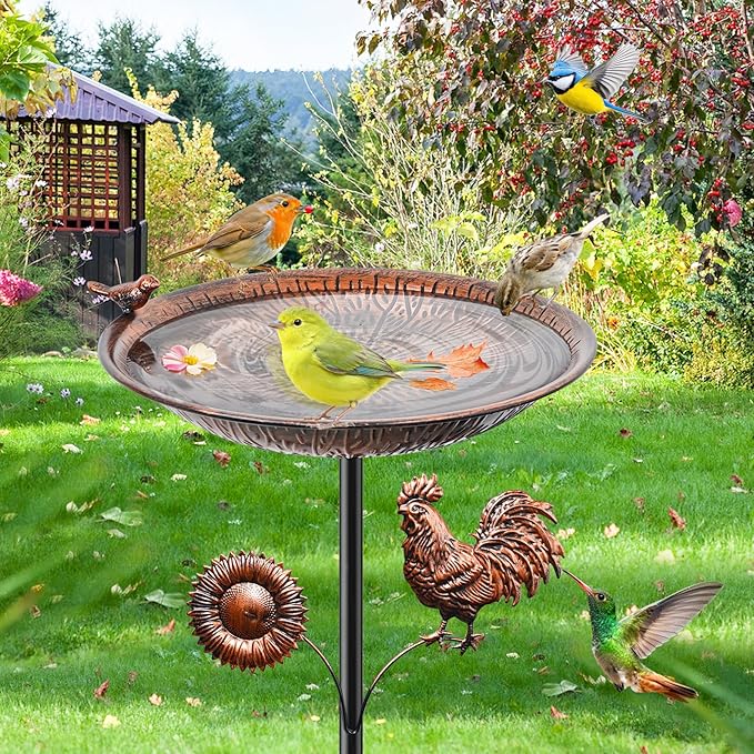 38" Metal Bird Bath for Outside, Vintage Garden Birdbath with Bird Statue, Freestanding Bird Bath Freeder with Sturdy 5 Prongs Base for Outdoors Patio Yard Lawn Decor(Vintage Brown)