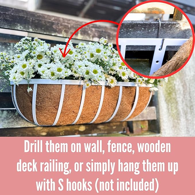 LaLaGreen Outdoor Planter Boxes (30 Inch, 2 Pack) White Metal Deck Railings Flower Box with Coco Liner, Rectangular Hanging Planters for Window Plant Horse Trough Fence Balcony Garden Herb Porch Patio