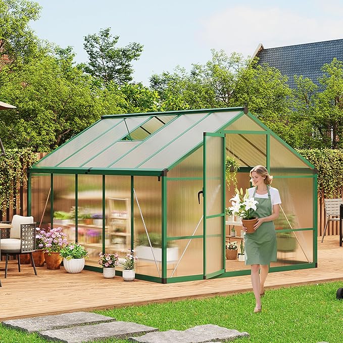 8x10 ft Greenhouse for Outdoors, Polycarbonate Greenhouse with Roof Vent, Ground Nails, Lockable Push Door, Aluminum Large Walk-in Green House for Outside Garden Backyard, Patio, Lawn, Green