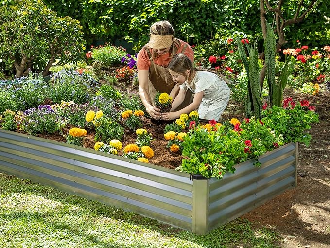 Plant & Plot Galvanized Raised Garden Beds Outdoor // 8×4×1 ft (2-Pack) Planter Raised Beds for Gardening, Vegetables, Flowers // Large Metal Garden Box (Silver) // Patented Tool-Free Design