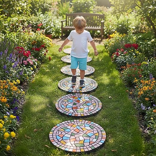 Garden Decoration - Mosaic Stepping Stone - Patio Decoration Stone 12 Inch (1, Pink, Medium)