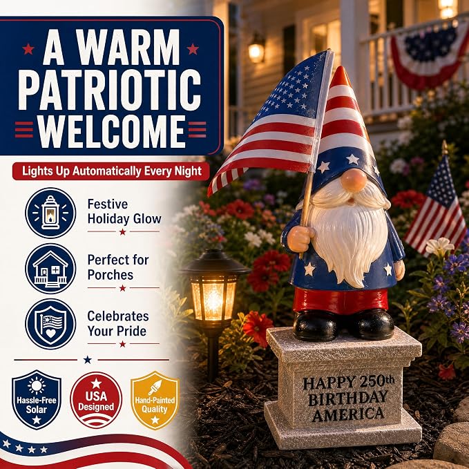 4th of July Garden Gnome with Solar Lantern 12'' Patriotic Resin Statue for Yard, Lawn, Patio - American Flag Outdoor Decoration for Memorial Day & USA 250th Anniversary Independence Day CLEARANCE