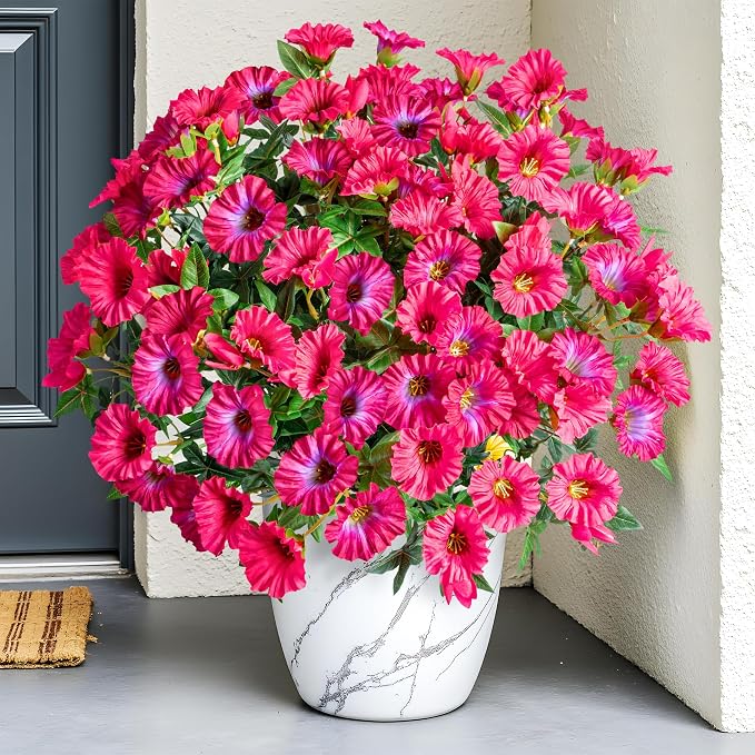 Rose Red Artificial Morning Glory Flowers for Outdoor Planters, Premium UV Resistant Silk Faux Flowers for Porch, Hanging Basket & Window Box, Summer Garden Decor, No Pot, 13.3 Inch, 8 Bundles