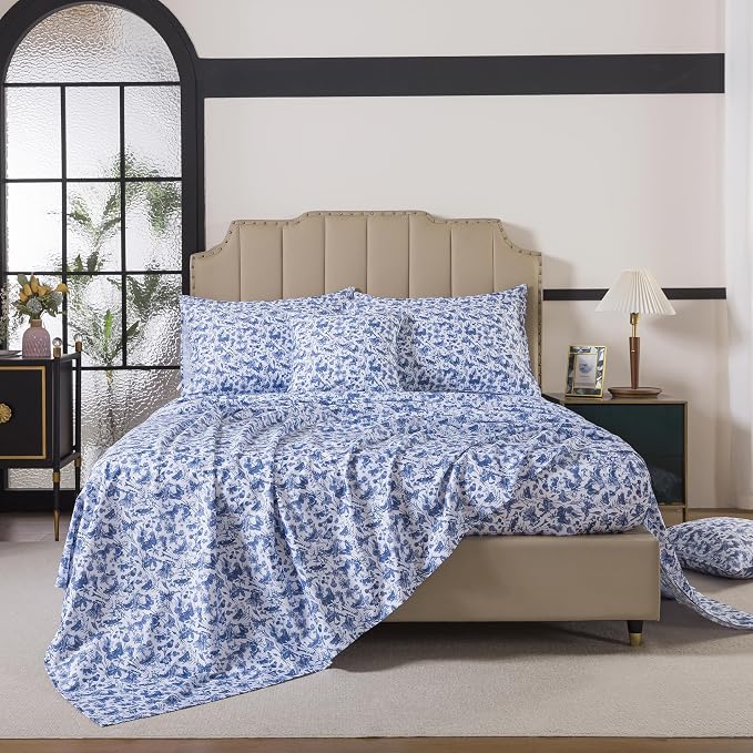 FADFAY Blue Toile Sheets Set Cal King French Country Farmhouse Bedding Vintage Butterfly Floral Bedding 100% Egyptian Cotton Soft Sheet Set with Deep Pocket Fitted Sheet 4Pcs, California King Size