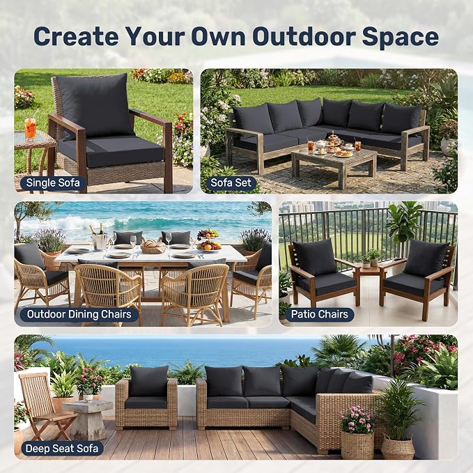 UNIKOME Outdoor Seat Cushions 22 X 22 Inch - Water-Resistant & Fade Resistant, Removable Cover Patio Furniture Cushions for Chair, Sofa, Couch, Wicker, Dark Grey