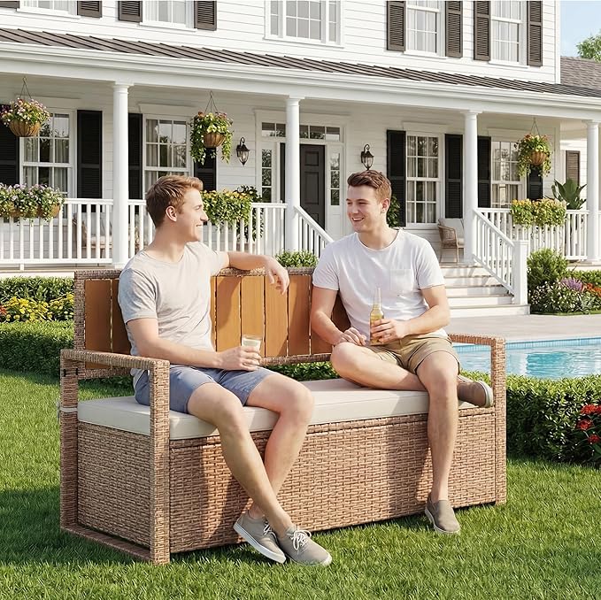 Outdoor Storage Bench with Cushion, 2-Seater PE Rattan Storage Box with Backrest & Armrests, 75 Gallon, 400 lbs Capacity Weatherproof Patio Bench for Garden, Balcony, Porch, Pool, Yard, Brown