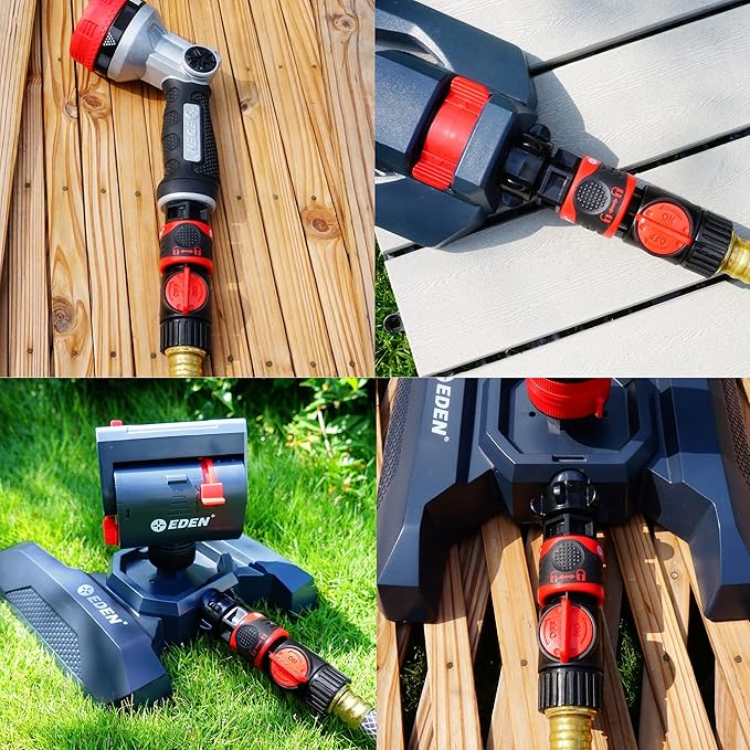 Eden 93218 Premium Garden Hose Quick Connect Kit | 9-Piece / 3-Pair Snap & Lock Fittings and Adapters with Water Stop, Flow Control, Secure Twist-Lock Design