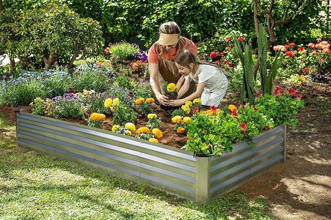 Plant & Plot Galvanized Raised Garden Beds Outdoor // 6×3×1 ft Planter Raised Beds for Gardening, Vegetables, Flowers // Large Metal Garden Box (Silver) // Patented Tool-Free Design