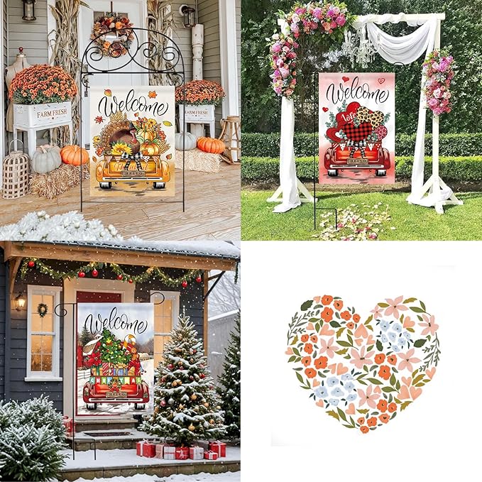 Seasonal Garden Flags Set of 11 Double Sided 12 x 18 Inch Rustic Truck Yard Flags, Small Flags for Outside, Summer Spring 4th of July Outdoor Flags, Holiday Garden Flags for All Seasons