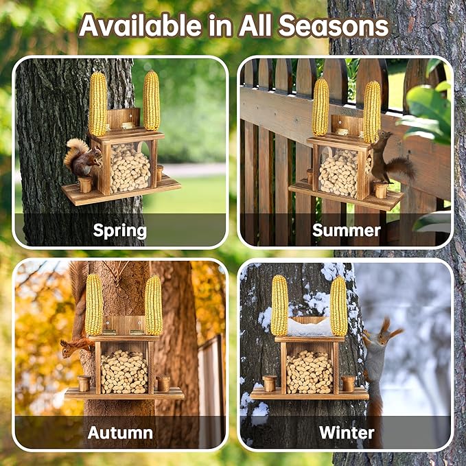 Carbonized Squirrel Feeders for Outside, Funny Chipmunk Feeder, Easy Filling & Cleaning with Removable Front Panel, Durable Outdoor House Box, Attracts Squirrel & Chipmunk