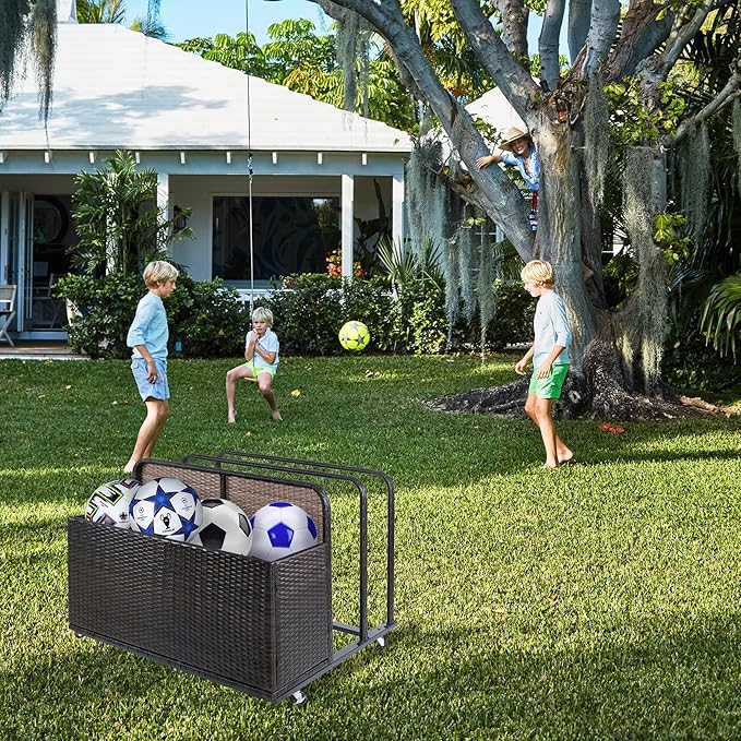 Garvee Double Layer Poolside Float Storage Organizer, Outdoor Wicker Pool Storage Bin for Floats & Toys, Rolling Poolside Storage Rack for Pool Toy Noodles Equipment Accessroies