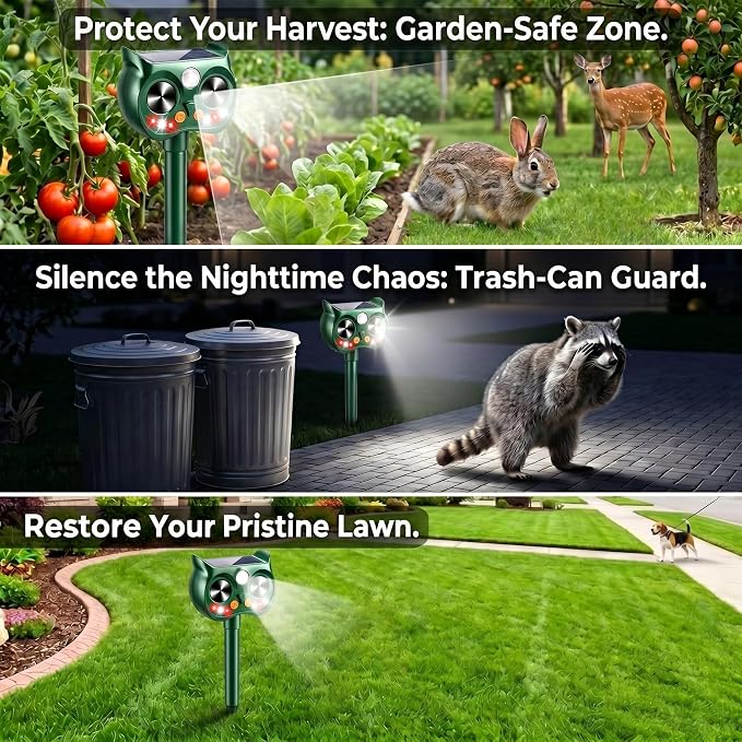 2Pack Upgraded Deer Repellent Devices Solar Ultrasonic Animal Repellent Outdoor with Motion Sensor Strobe Light for Squirrel Raccoon Rabbit Cat Bird Volume Control Keep Pests Out of Yard Farm