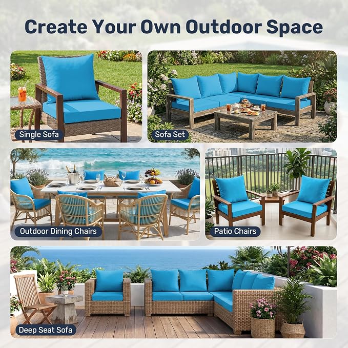 UNIKOME Outdoor Seat Cushions 22 X 22 Inch - Water-Resistant & Fade Resistant, Removable Cover Patio Furniture Cushions for Chair, Sofa, Couch, Wicker, Light Blue