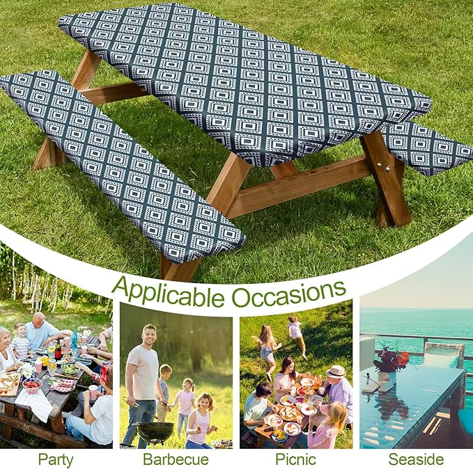 Play Tailor Picnic Table Cover with Bench Covers Camping Essentials Waterproof Windproof Camping Tablecloth with Drawstring Bag, Fitted Rectangle Tables and Seats, 72in, Blue Green Plaid