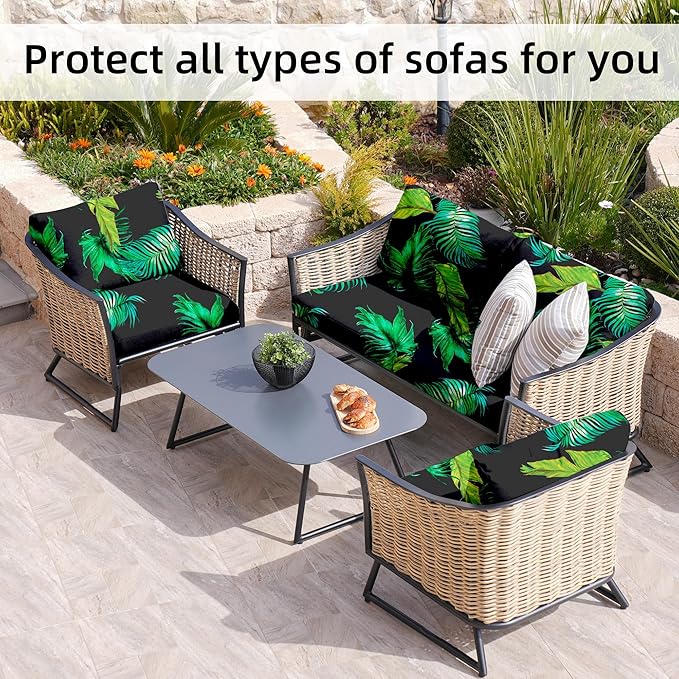 BIETYONE 8Pcs Stretch Patio Cushion Covers,Outdoor Couch Covers Replacement,Outdoor Couch & Sofa Slipcovers,for Patio Furniture Cushion Covers,Washable Reusable urniture Protector(Green Leaf,8PCS)