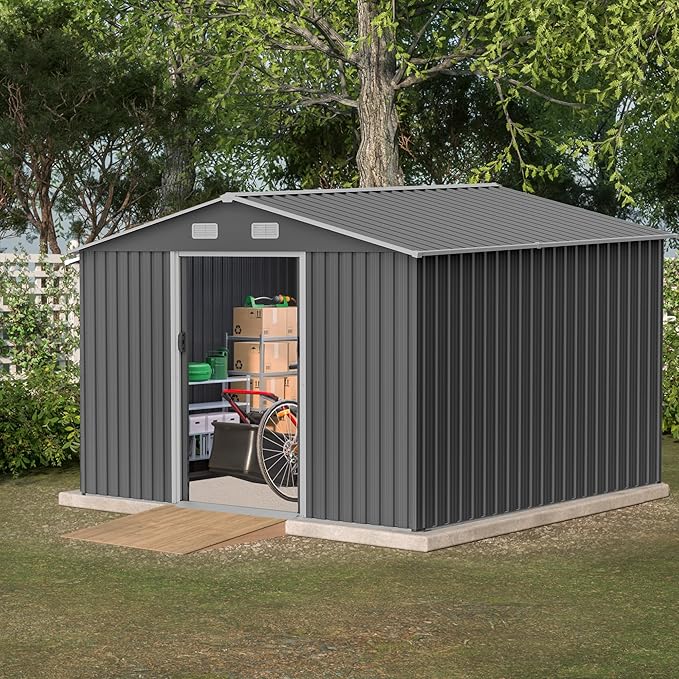 KEIKI Storage Shed 10x8 FT, Large Metal Tool Shed for Outdoor Storage, Galvanized Steel Garden Shed with Lockable Sliding Doors for Patio, Backyard, Lawn, Grey