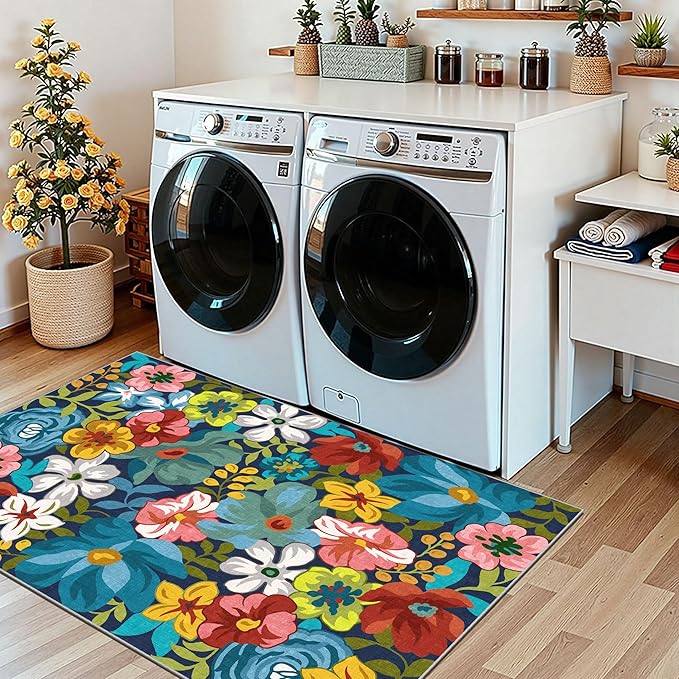 Floral Outdoor Rug - 28" x 43" Front Door Mat Indoor Outside Entrance Non-Slip Washable Outdoor Mat Colorful Spring Flower Rug for Entryway Kitchen Bedroom Layered Doormat for Front Porch