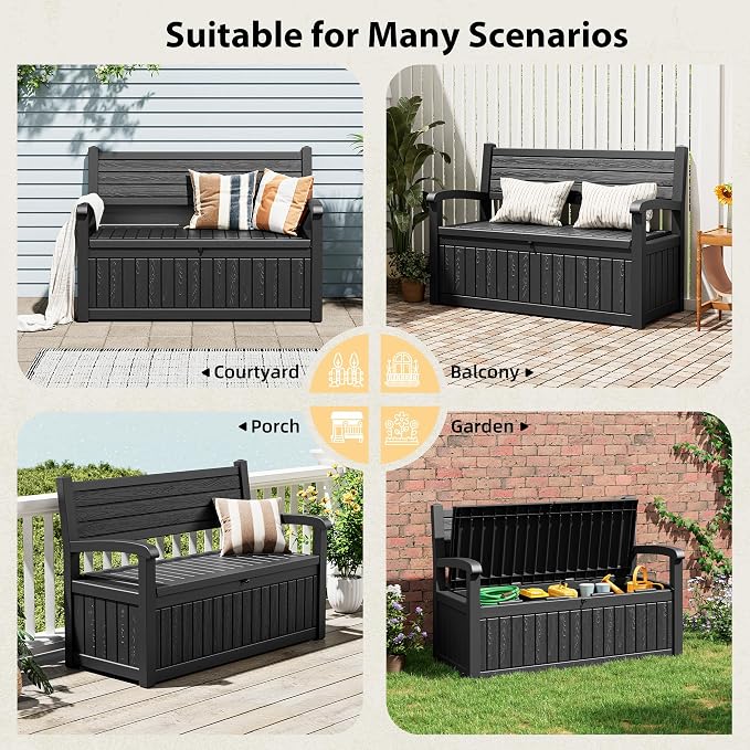 80 Gallon Lockable Deck Bench with Storage, Resin Stripes Outdoor Storage Box, Waterproof Outdoor Porch Bench for Cushions Garden Tools, and Pool Supplies, Black
