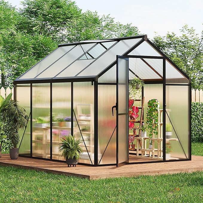 Garvee 6 x 8 ft Greenhouse, Greenhouses for Outside, Polycarbonate Greenhouse with Aluminum Frame, Lockable Door and Ajustable Roof Vent for Backyard, Green Houses for Outside Garden Backyard, Patio