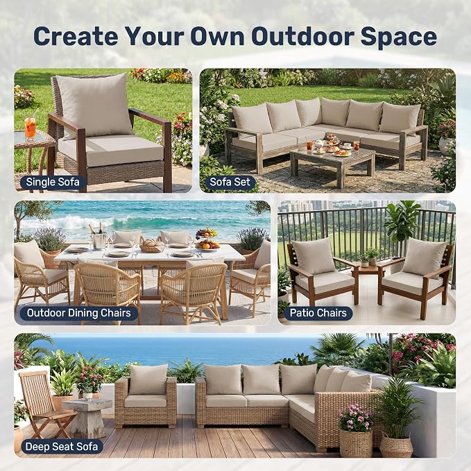 UNIKOME Outdoor Seat Cushions 24 X 24 Inch - Water-Resistant & Fade Resistant, Removable Cover Patio Furniture Cushions for Chair, Sofa, Couch, Wicker, Beige