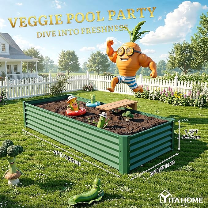 YITAHOME 6x3x1.5ft Large Raised Garden Bed Kit, Galvanized Metal Planter Box with Gloves, Ground Nails, Support Rod, Outdoor Above Ground Planters for Plants Vegetables Flowers, Green